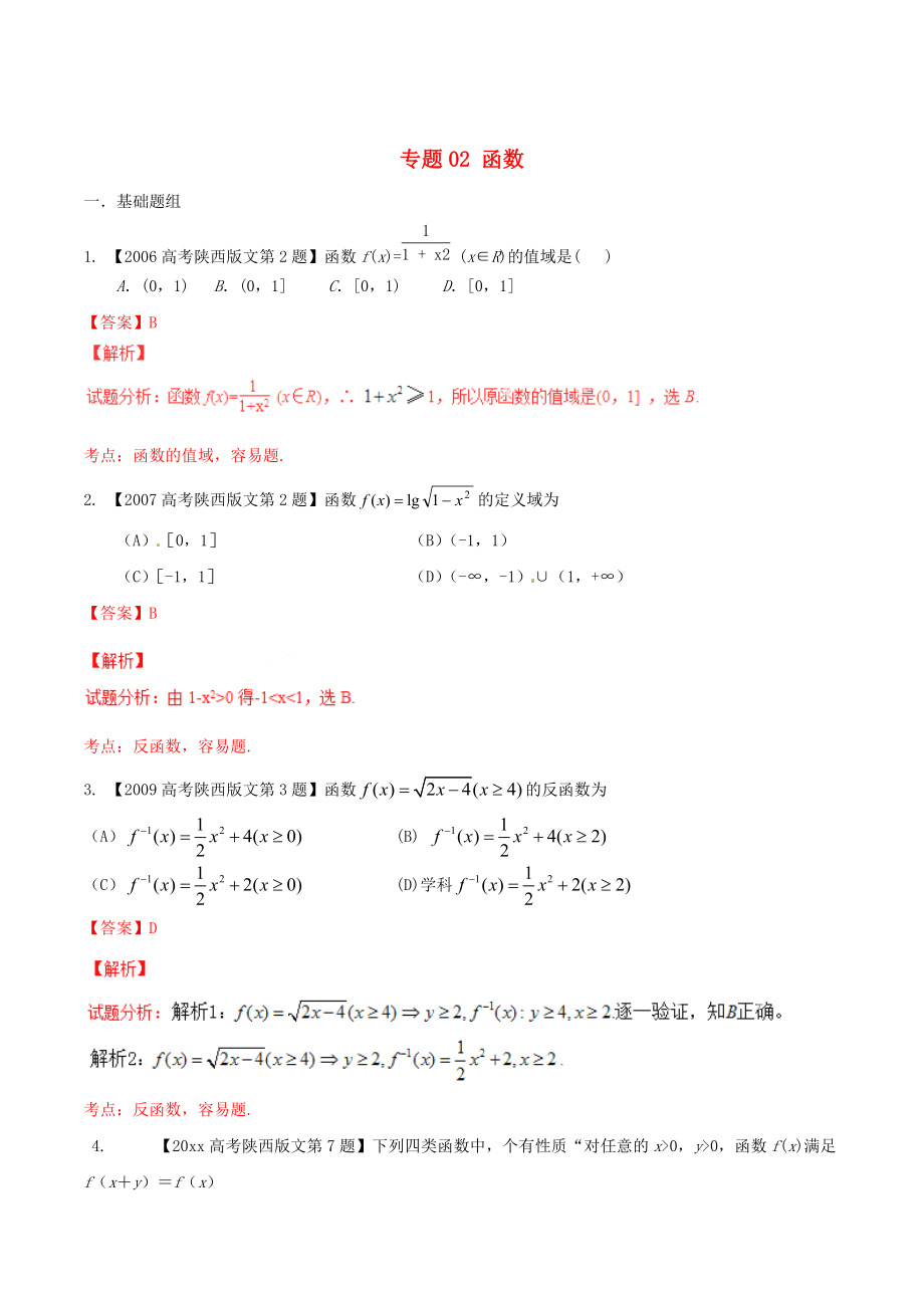 新版陜西版高考數(shù)學(xué)分項(xiàng)匯編 專題02 函數(shù)含解析文_第1頁(yè)