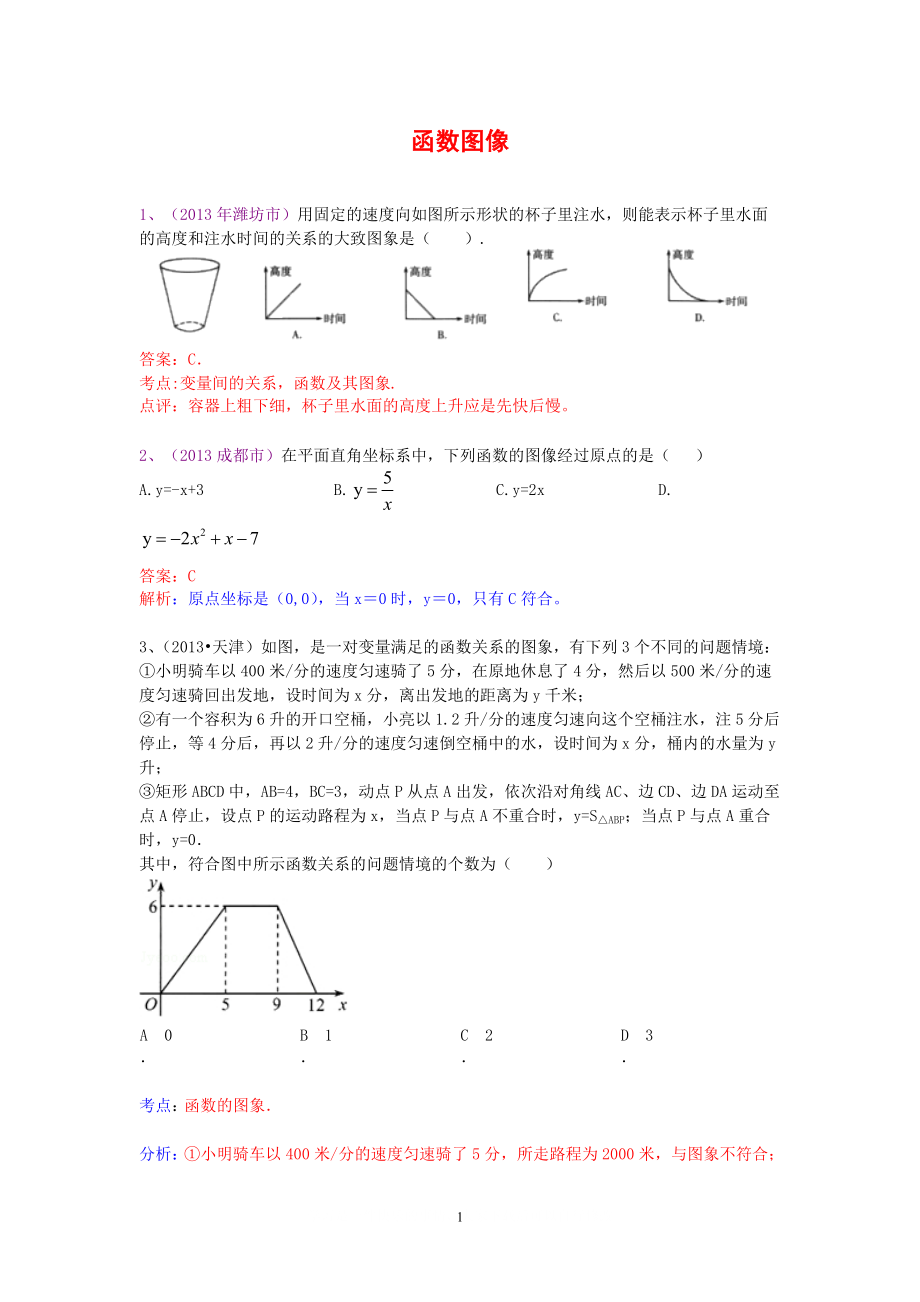 中考數(shù)學試卷分類匯編 函數(shù)圖像_第1頁