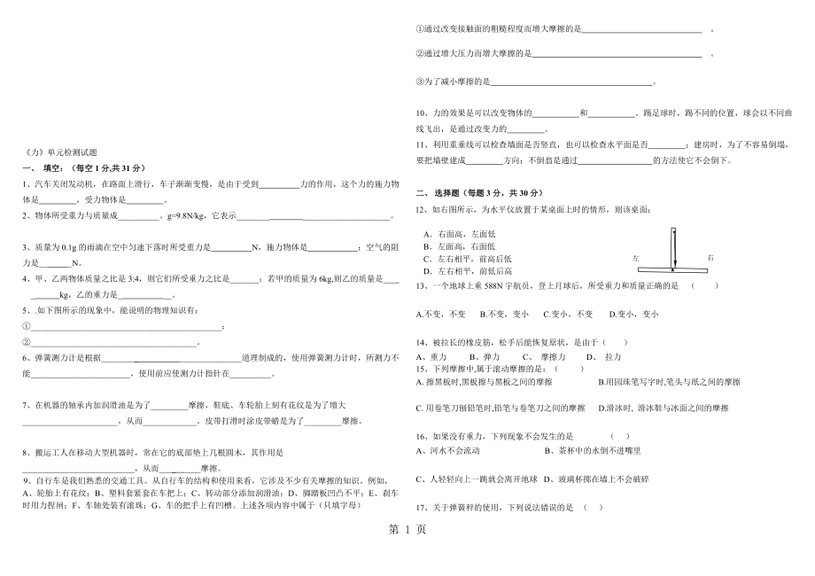 人教版八年級物理下冊第七章 力單元檢測試題 無答案_第1頁