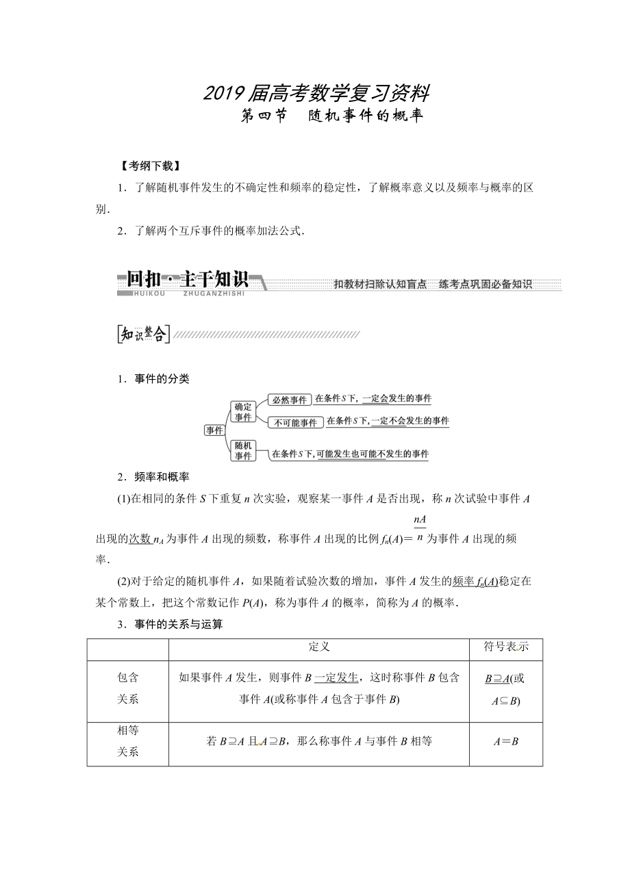 高考数学复习：第十章 ：第四节　随机事件的概率回扣主干知识提升学科素养_第1页