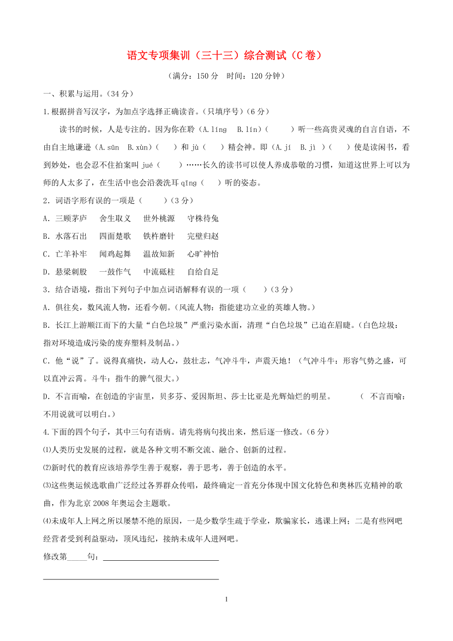 中考语文专项集训33 综合测试C卷_第1页