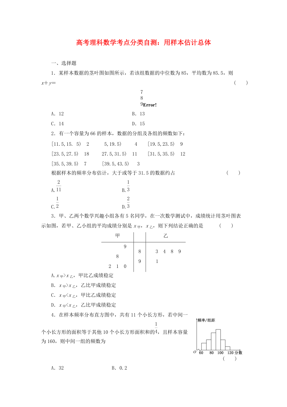 新编高考数学考点分类自测 用样本估计总体 理_第1页