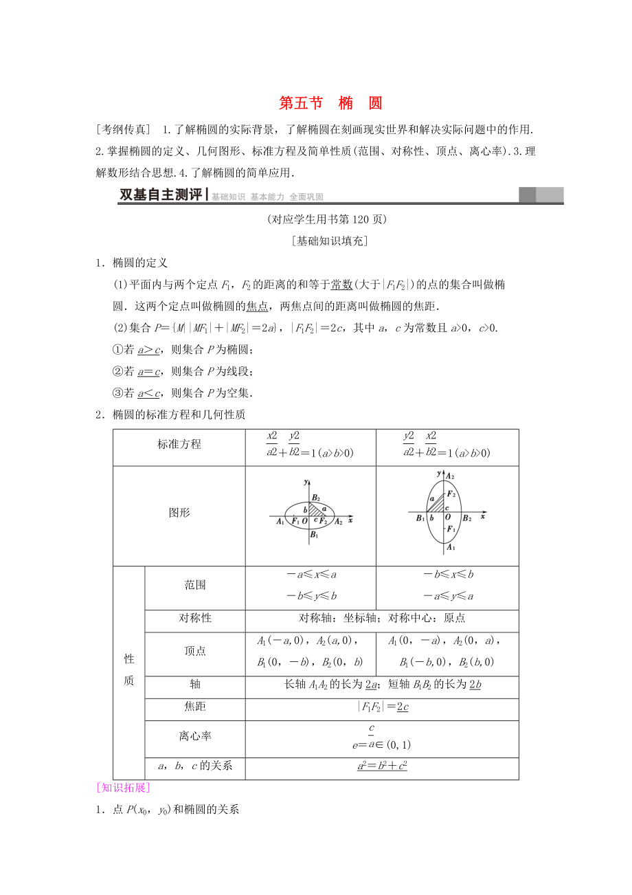 新版高考數(shù)學(xué)一輪復(fù)習(xí)學(xué)案訓(xùn)練課件： 第8章 平面解析幾何 第5節(jié) 橢圓學(xué)案 文 北師大版_第1頁