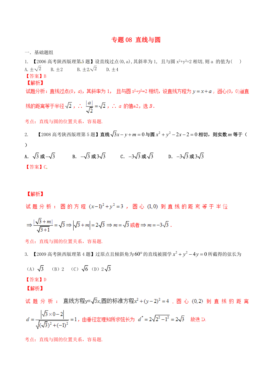 新編陜西版高考數(shù)學(xué)分項(xiàng)匯編 專題08 直線與圓含解析理科_第1頁