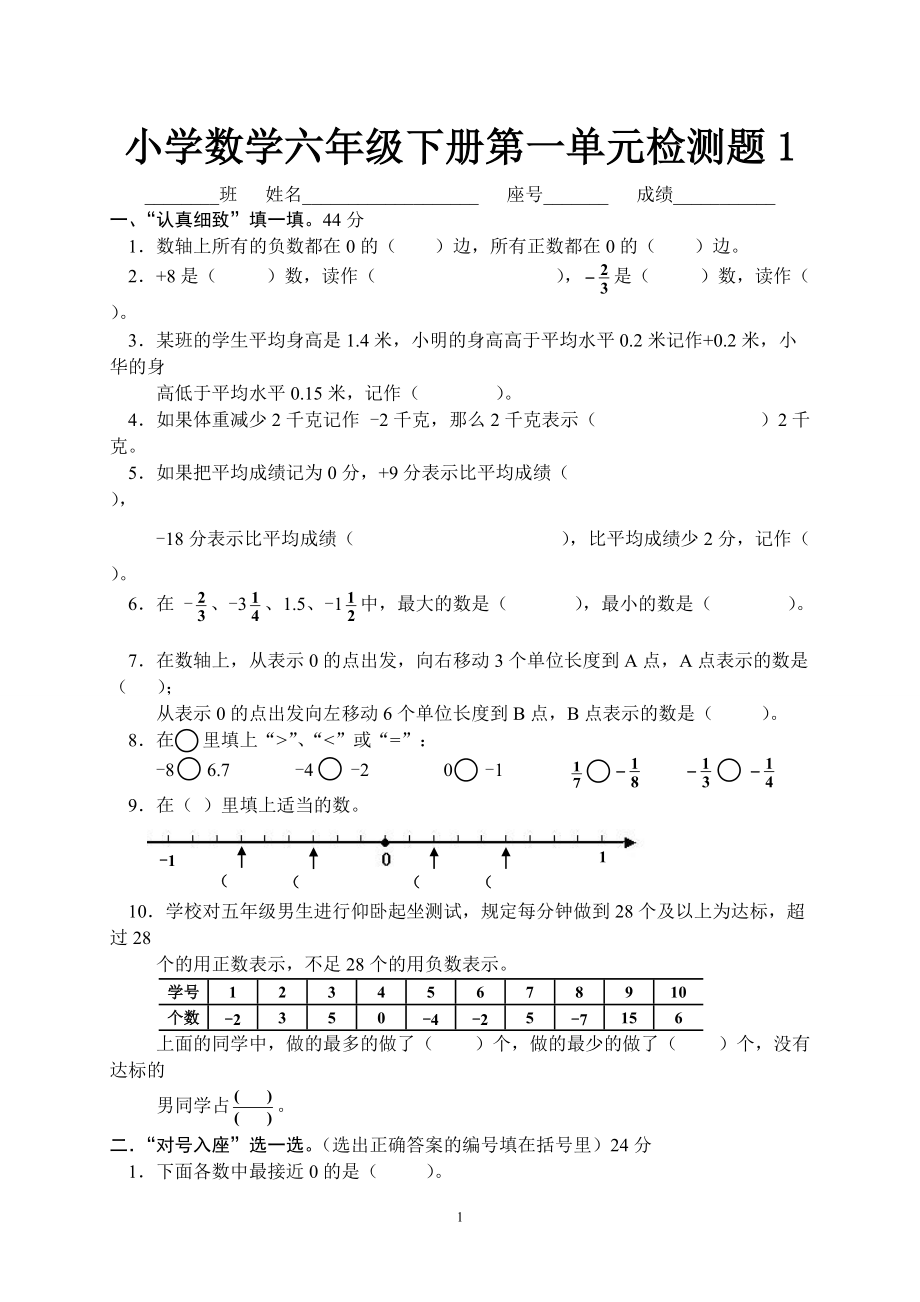 人教版小学数学六年级下册第一单元负数检测题(精品3套)_第1页