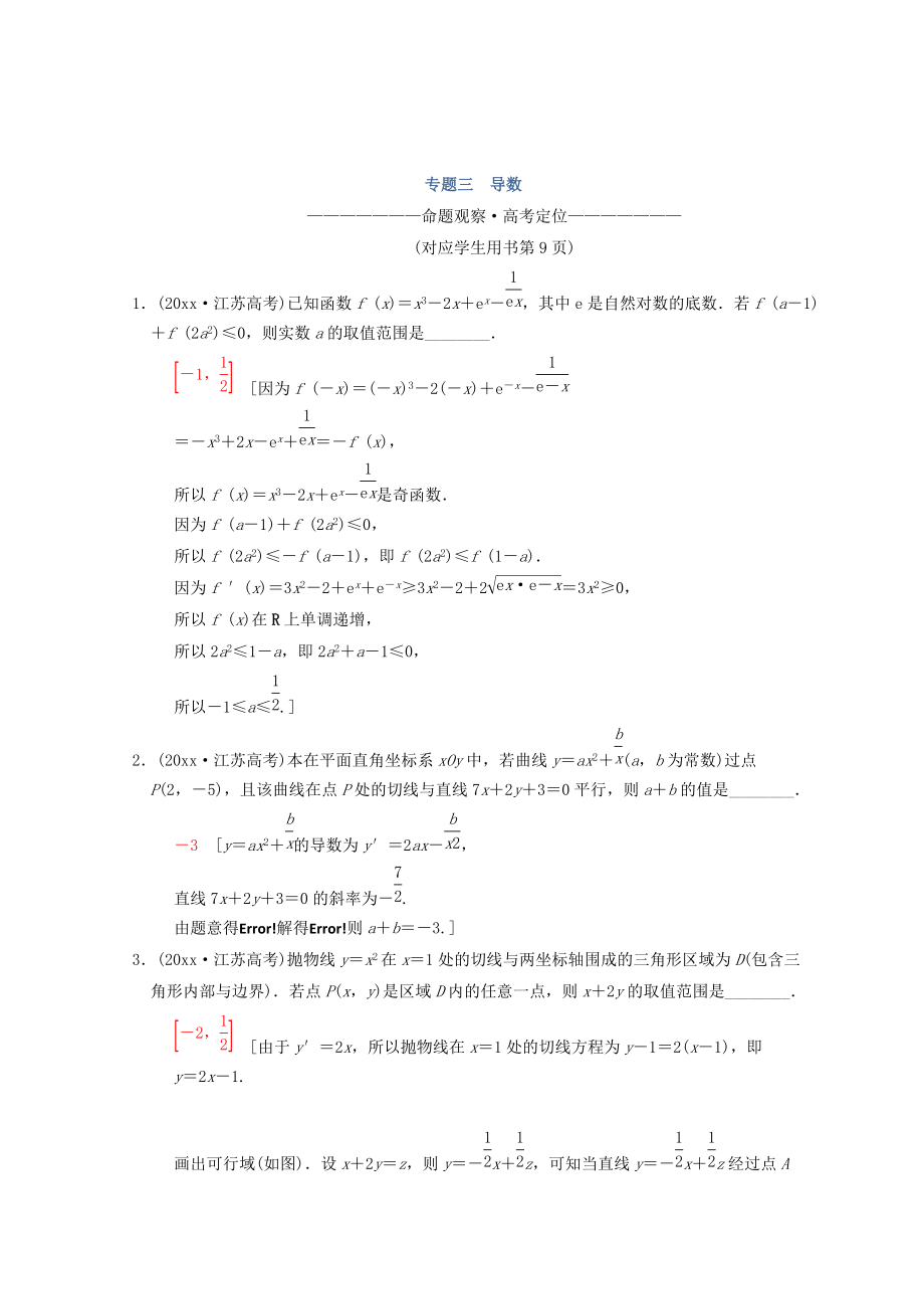 新編江蘇高考數(shù)學(xué)二輪復(fù)習(xí)教師用書：第1部分 知識專題突破 專題3　導(dǎo)數(shù) Word版含答案_第1頁