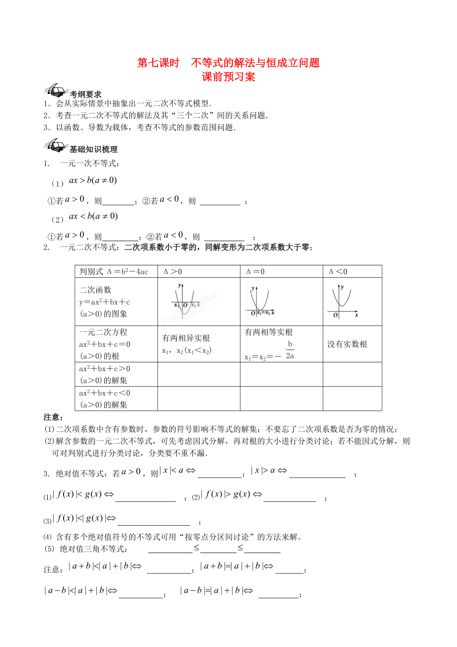 新版新课标高三数学一轮复习 第6篇 不等式的解法与恒成立问题学案 理_第1页