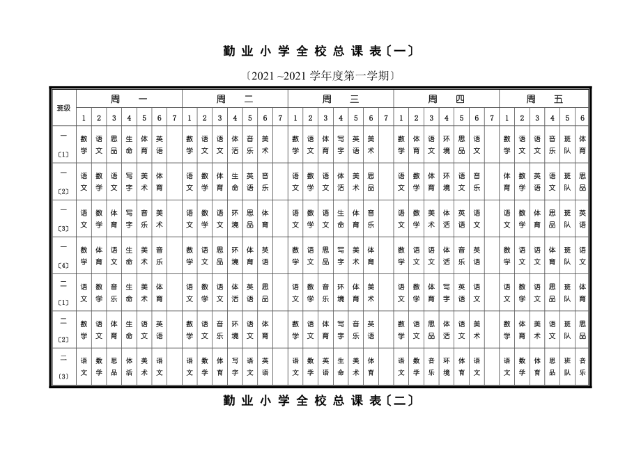 勤 业 小 学 全 校 总 课 表一_第1页