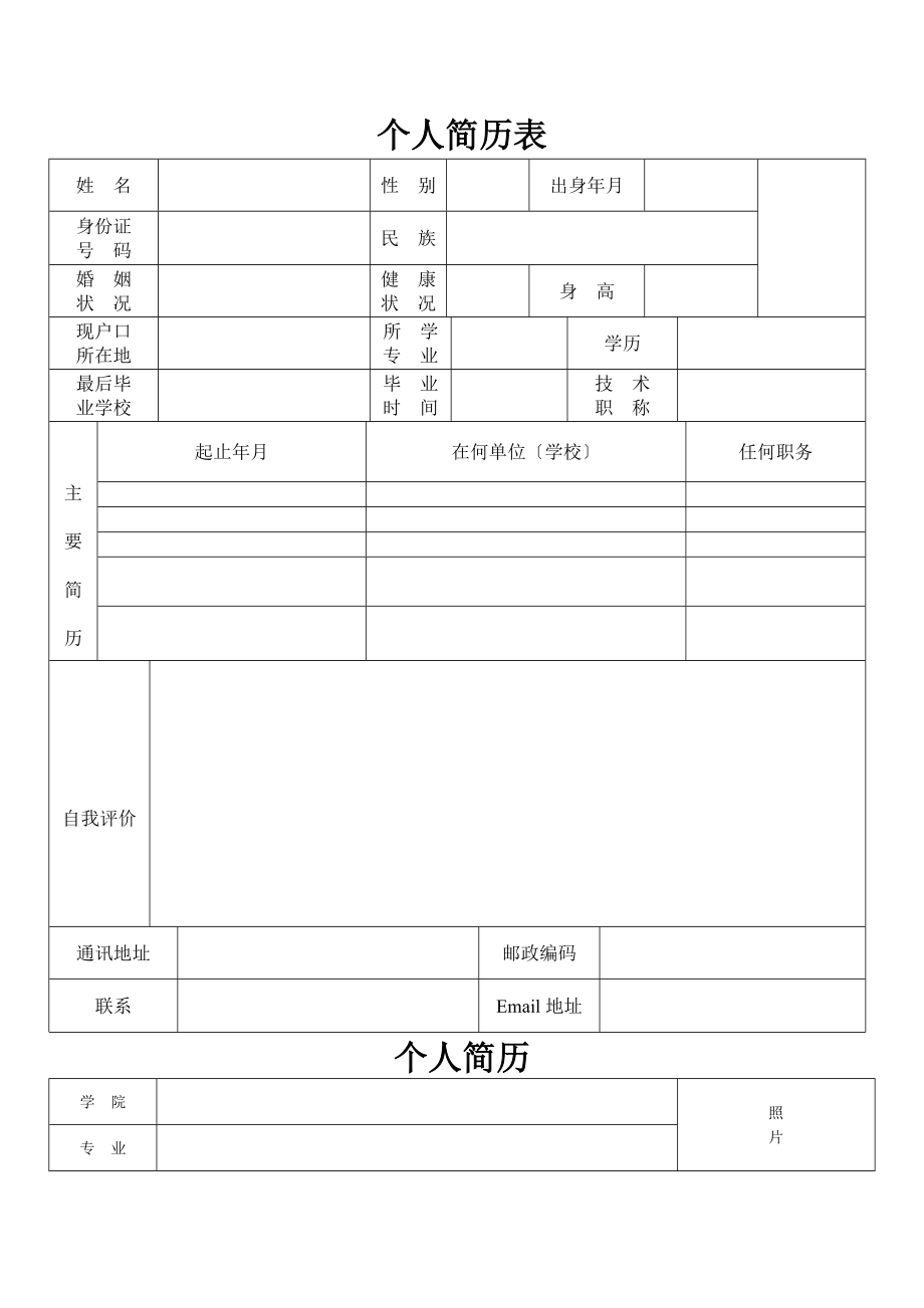 個人簡歷表格通用版