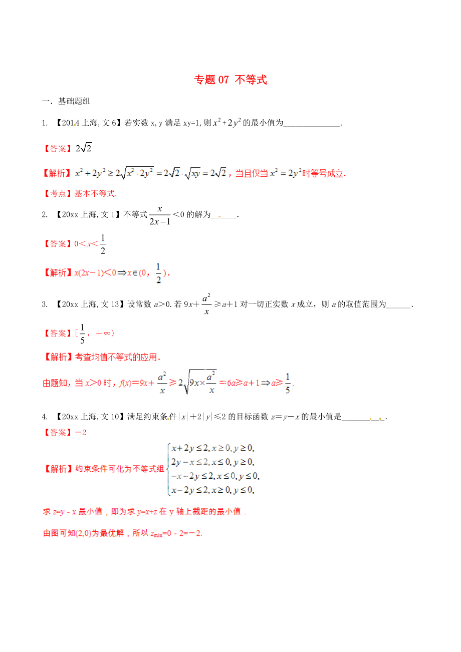 新版上海版高考數(shù)學(xué)分項匯編 專題07 不等式含解析文_第1頁