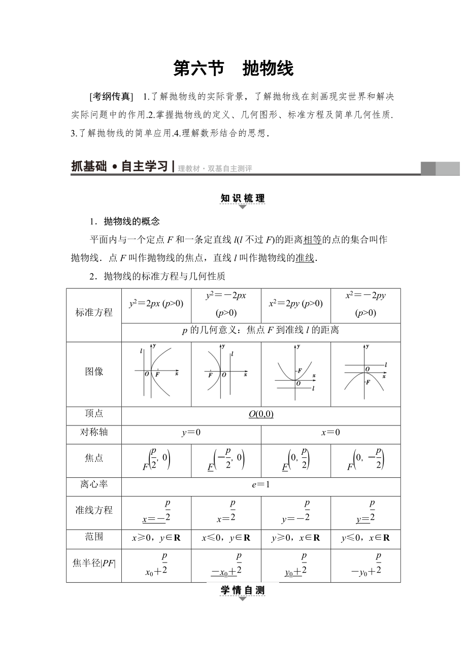 新編一輪北師大版理數(shù)學(xué)教案：第8章 第6節(jié)　拋物線 Word版含解析_第1頁