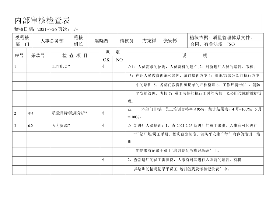 內部品質稽核檢查表厂务部-人事OK_第1页