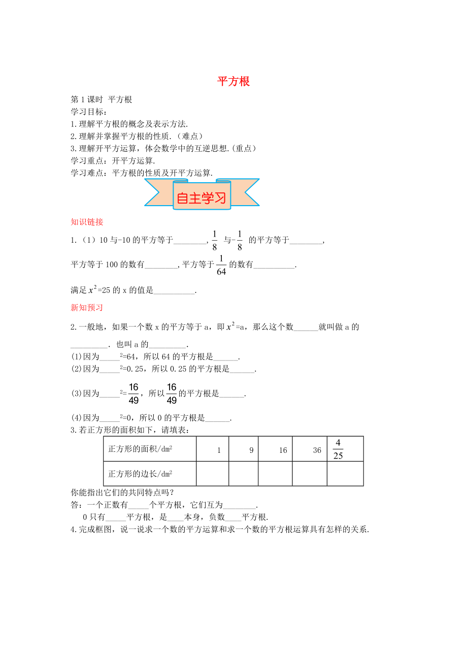 新版【冀教版】八年級數(shù)學(xué)上冊學(xué)案 平方根_第1頁