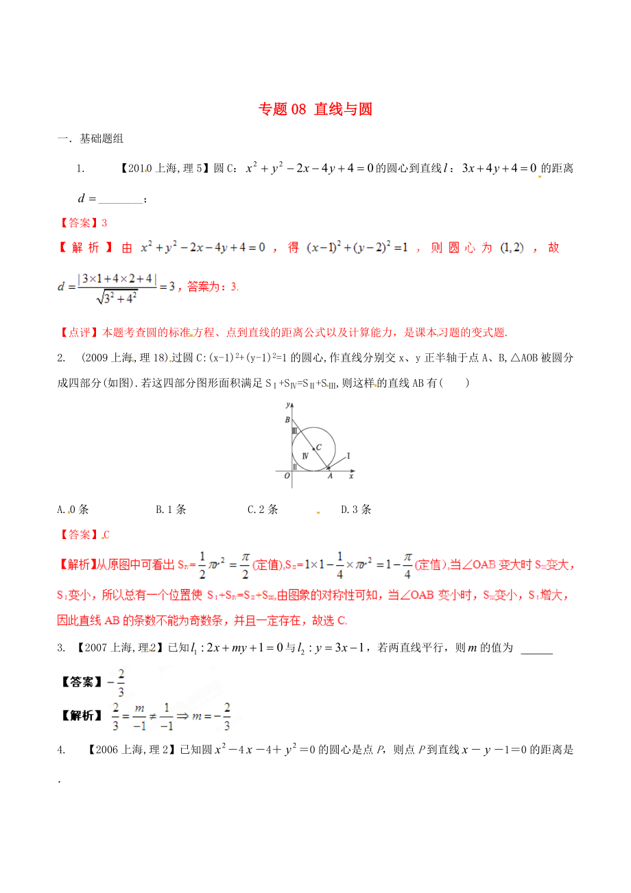 新版上海版高考數(shù)學(xué)分項(xiàng)匯編 專題08 直線與圓含解析理_第1頁