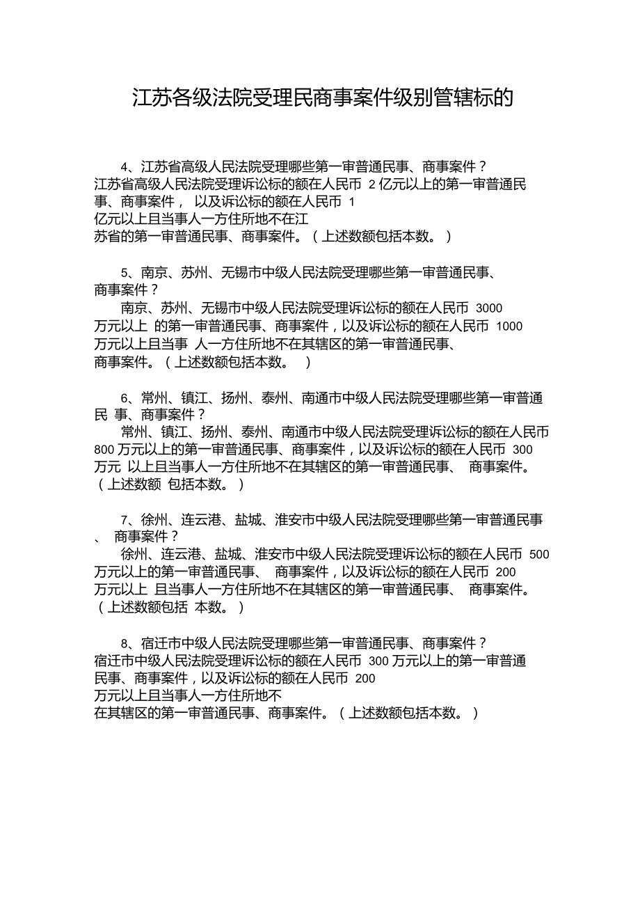 江苏各级法院受理一审民商事案件级别管辖标的_第1页