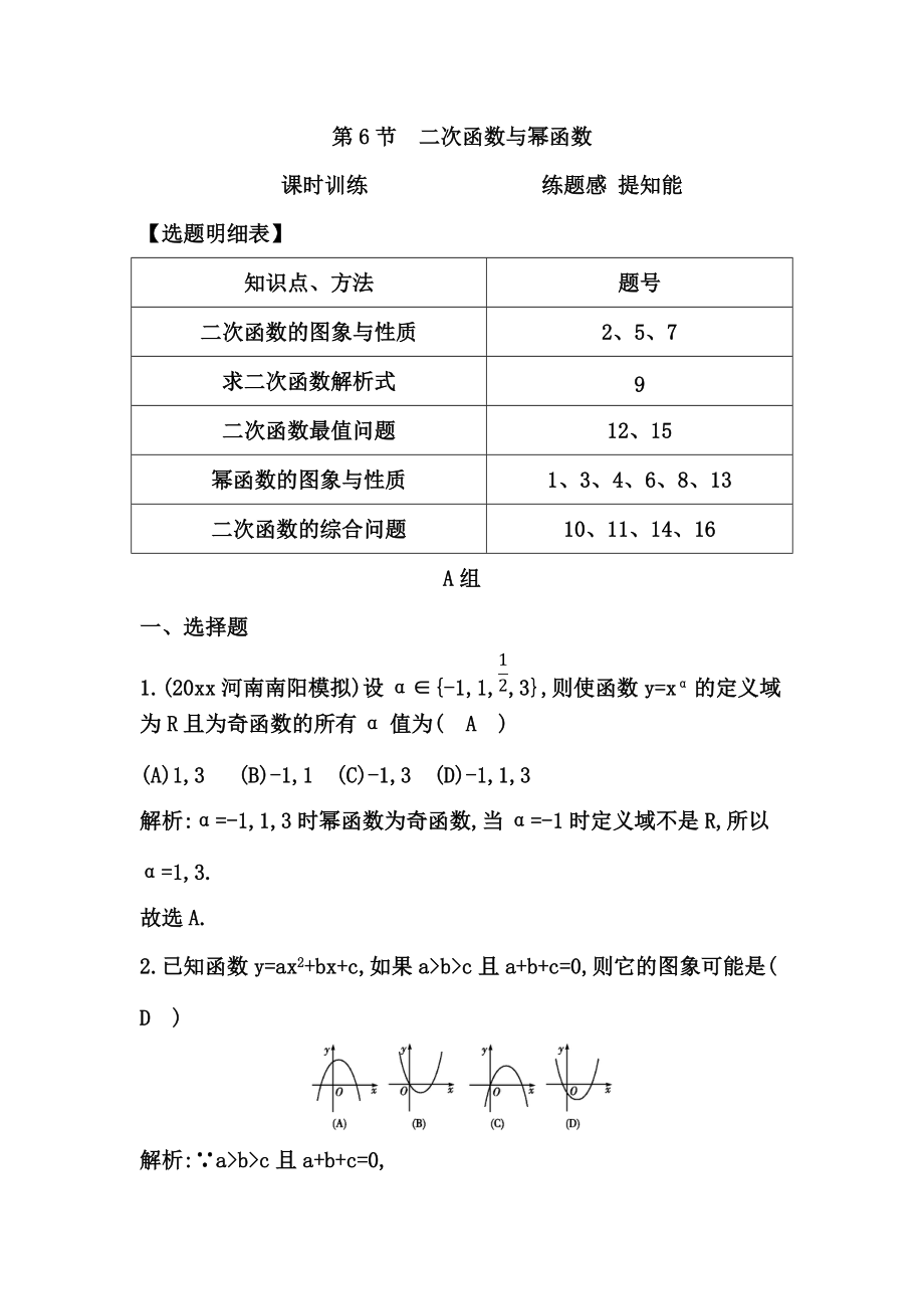 新编高考数学广东专用文科复习配套课时训练：第二篇 函数、导数及其应用 第6节　二次函数与幂函数含答案_第1页