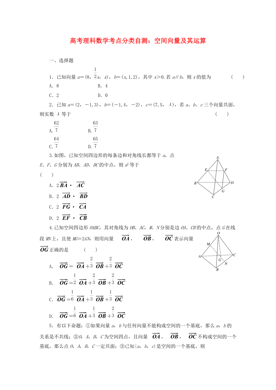 新編高考數(shù)學(xué)考點(diǎn)分類自測 空間向量及其運(yùn)算 理_第1頁