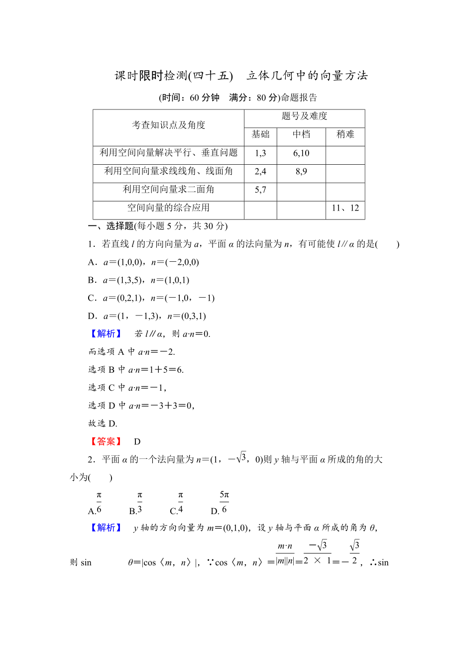 新编【高考讲坛】高三数学理山东版一轮限时检测45 立体几何中的向量方法含答案_第1页