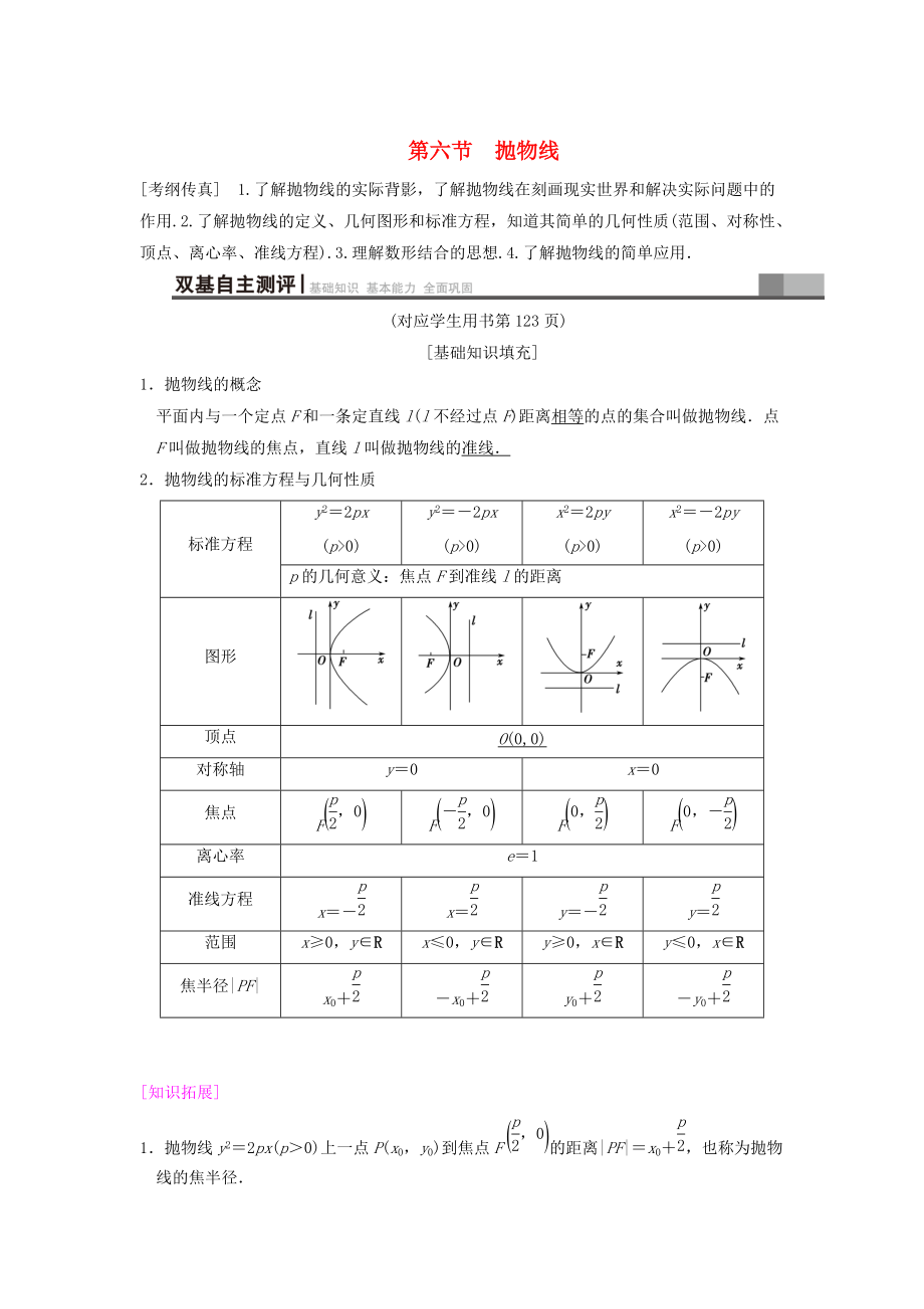 新編高考數(shù)學一輪復習學案訓練課件： 第8章 平面解析幾何 第6節(jié) 拋物線學案 文 北師大版_第1頁