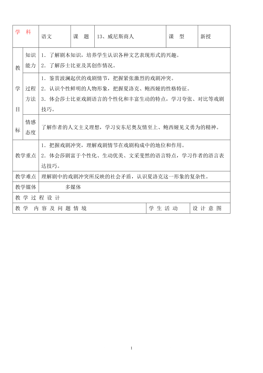 人教版初中语文导学案 13、威尼斯商人_第1页