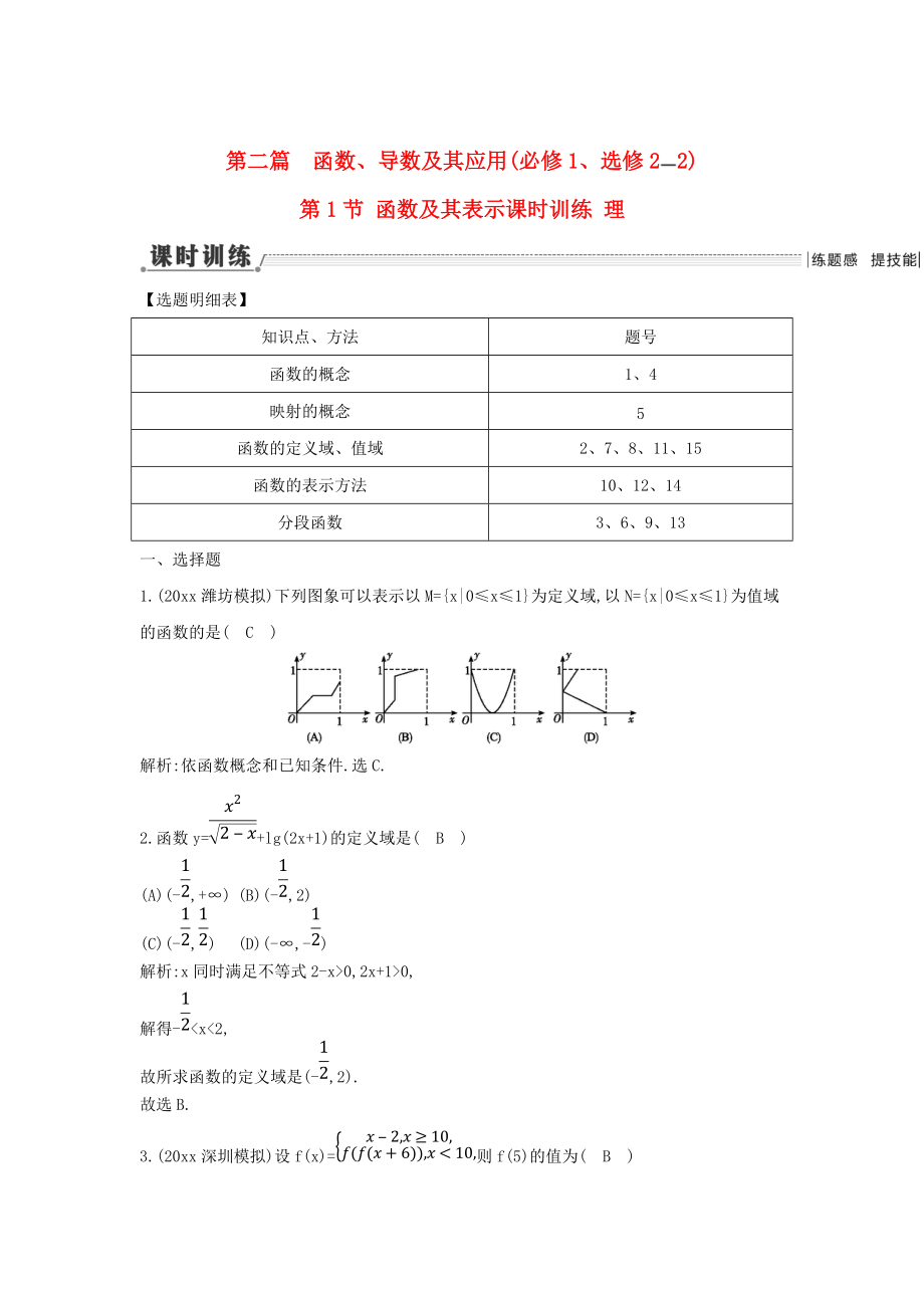 新版新課標(biāo)高三數(shù)學(xué)一輪復(fù)習(xí) 第2篇 第1節(jié) 函數(shù)及其表示課時訓(xùn)練 理_第1頁