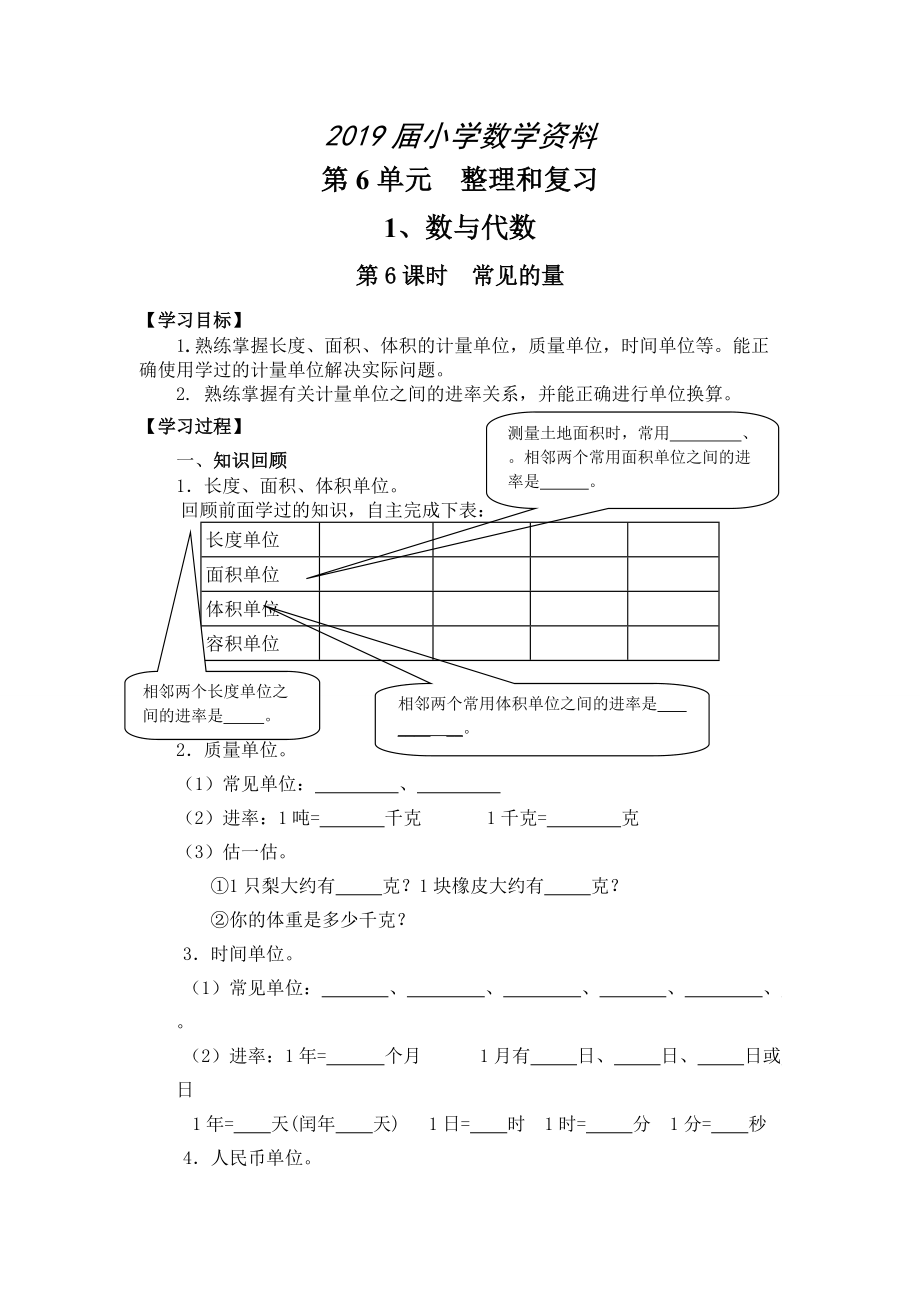 【人教版】六年級(jí)下冊(cè)數(shù)學(xué)：第6單元 第6課時(shí)常見的量_第1頁