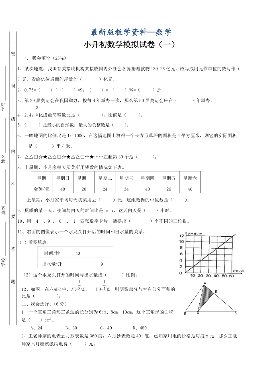 【最新版】【苏教版】小升初数学模拟试卷及答案_第1页