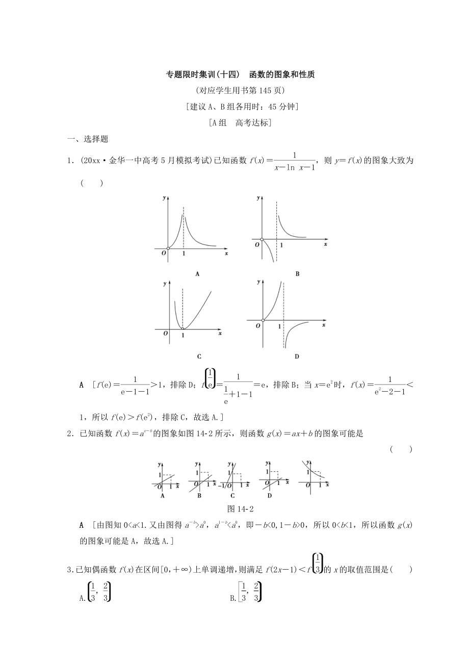 新編浙江高考數(shù)學(xué)二輪復(fù)習(xí)練習(xí)：專題限時(shí)集訓(xùn)14 函數(shù)的圖象和性質(zhì) Word版含答案_第1頁