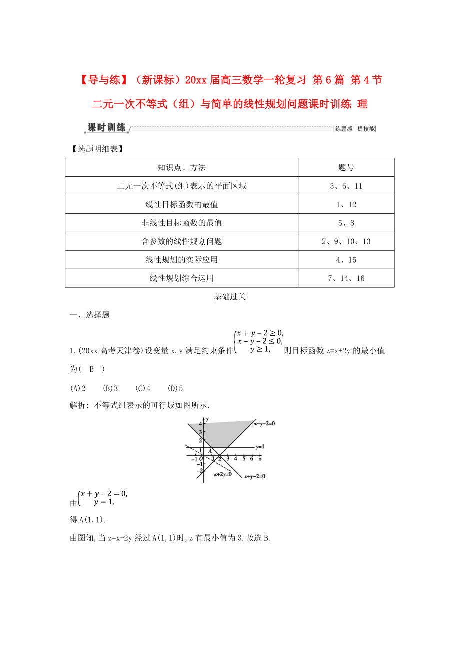 新版新課標高三數學一輪復習 第6篇 第4節(jié) 二元一次不等式組與簡單的線性規(guī)劃問題課時訓練 理_第1頁