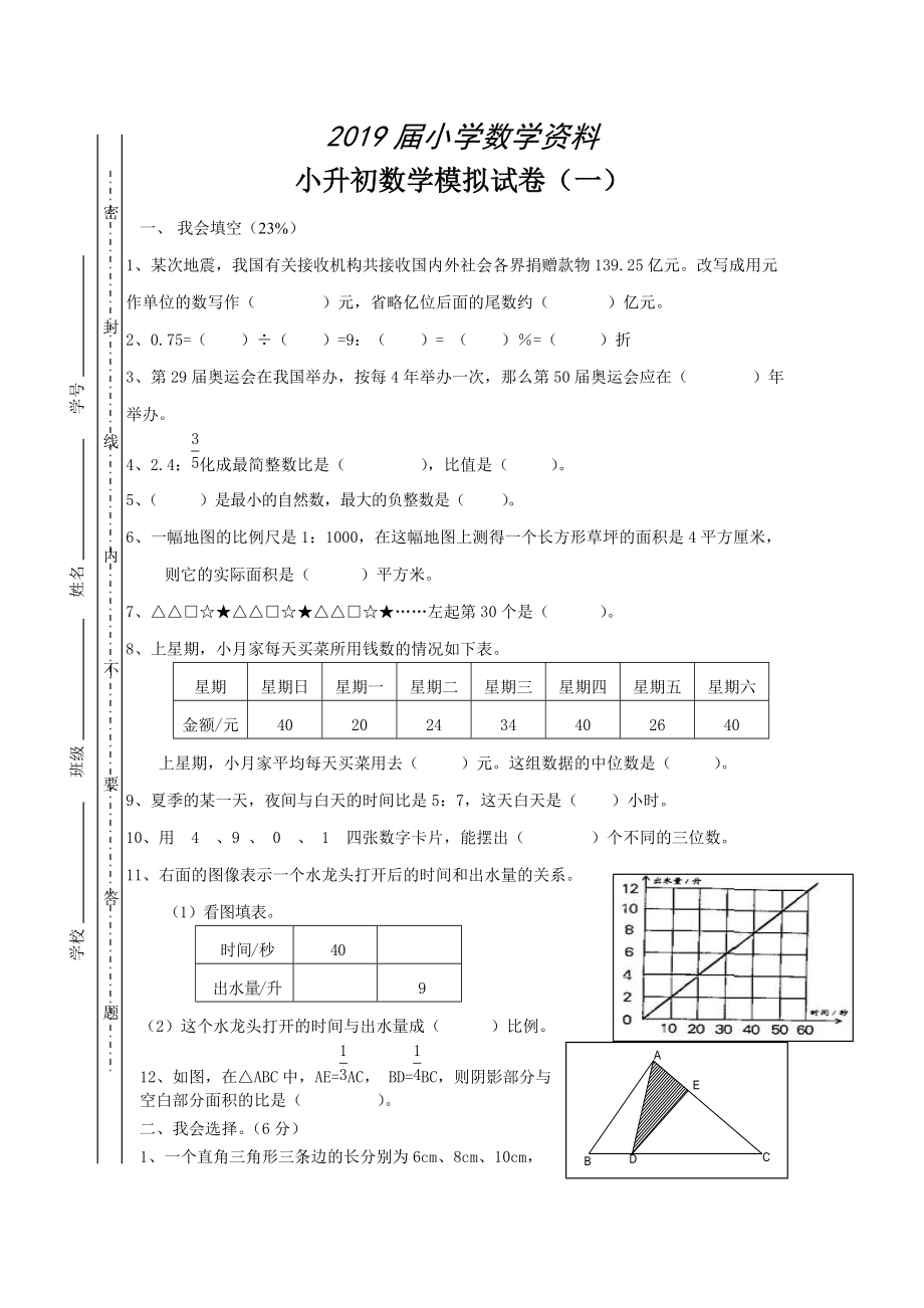 【苏教版】小升初数学模考试拟试卷及答案_第1页