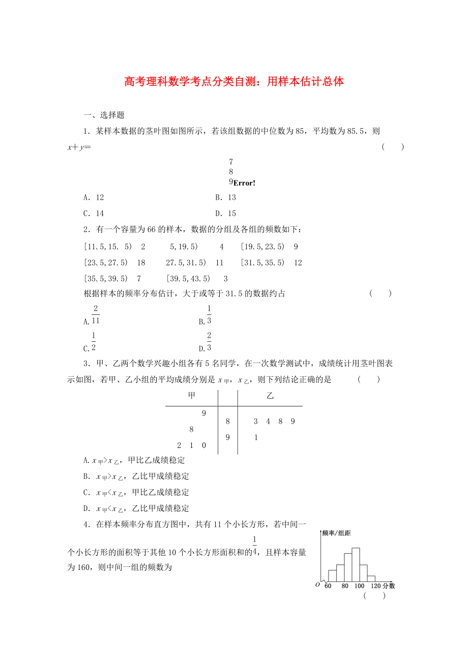 新版高考數(shù)學(xué)考點(diǎn)分類自測 用樣本估計(jì)總體 理_第1頁