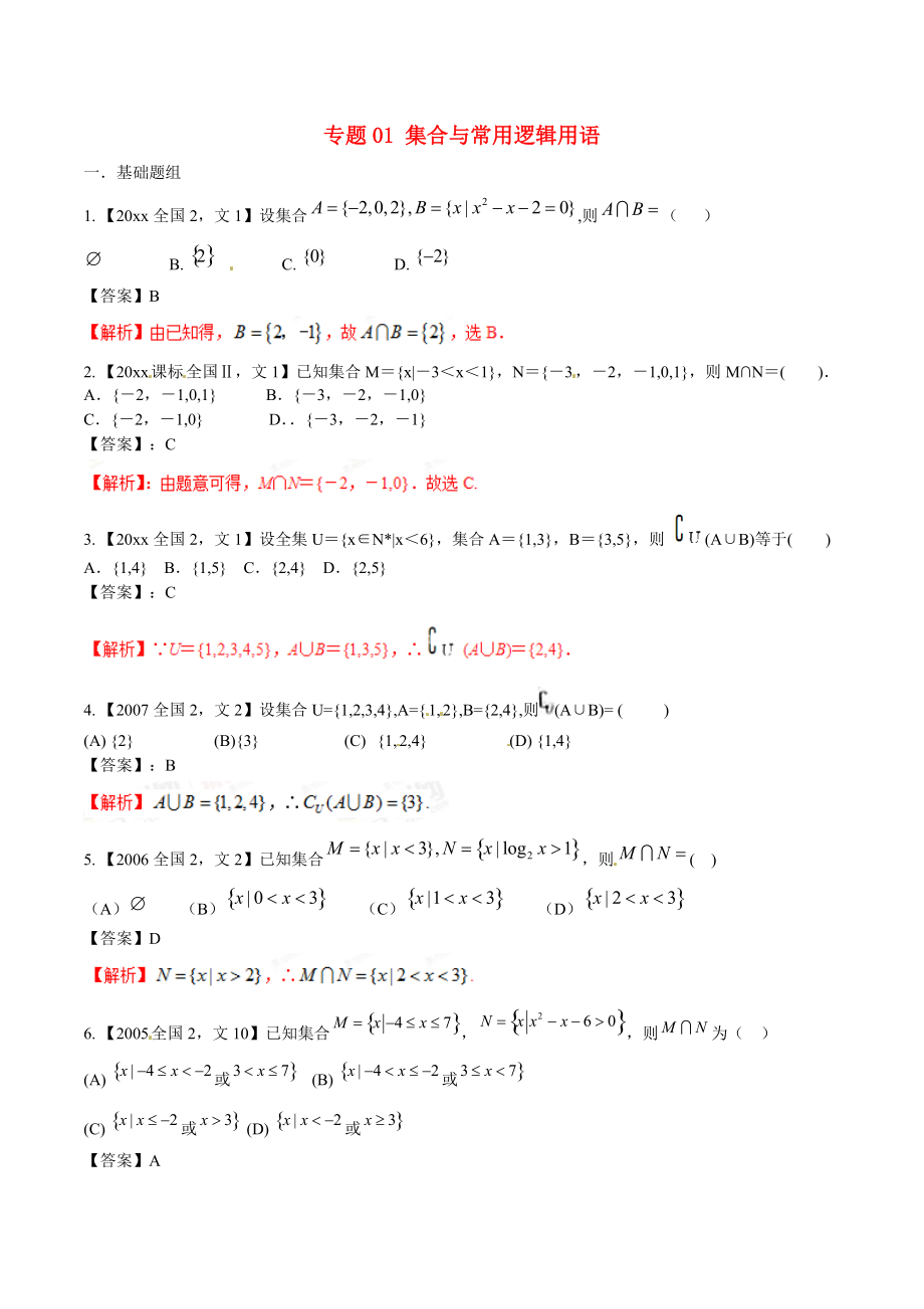 新編新課標(biāo)Ⅱ版高考數(shù)學(xué)分項(xiàng)匯編 專題01 集合與常用邏輯用語含解析文科_第1頁