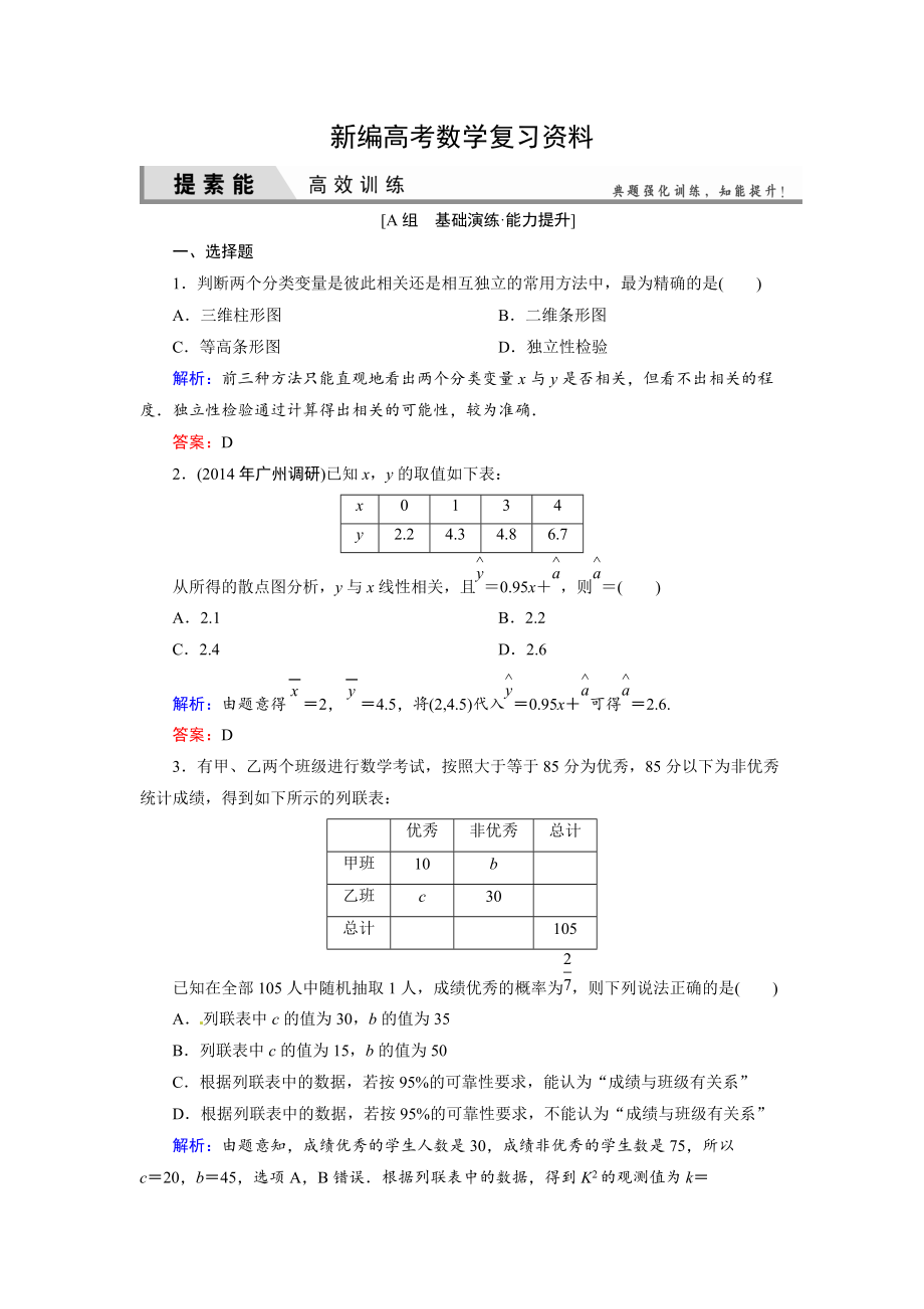 新編人教A版理科數(shù)學(xué)高效訓(xùn)練：94 變量間的相關(guān)關(guān)系、統(tǒng)計(jì)案例_第1頁(yè)