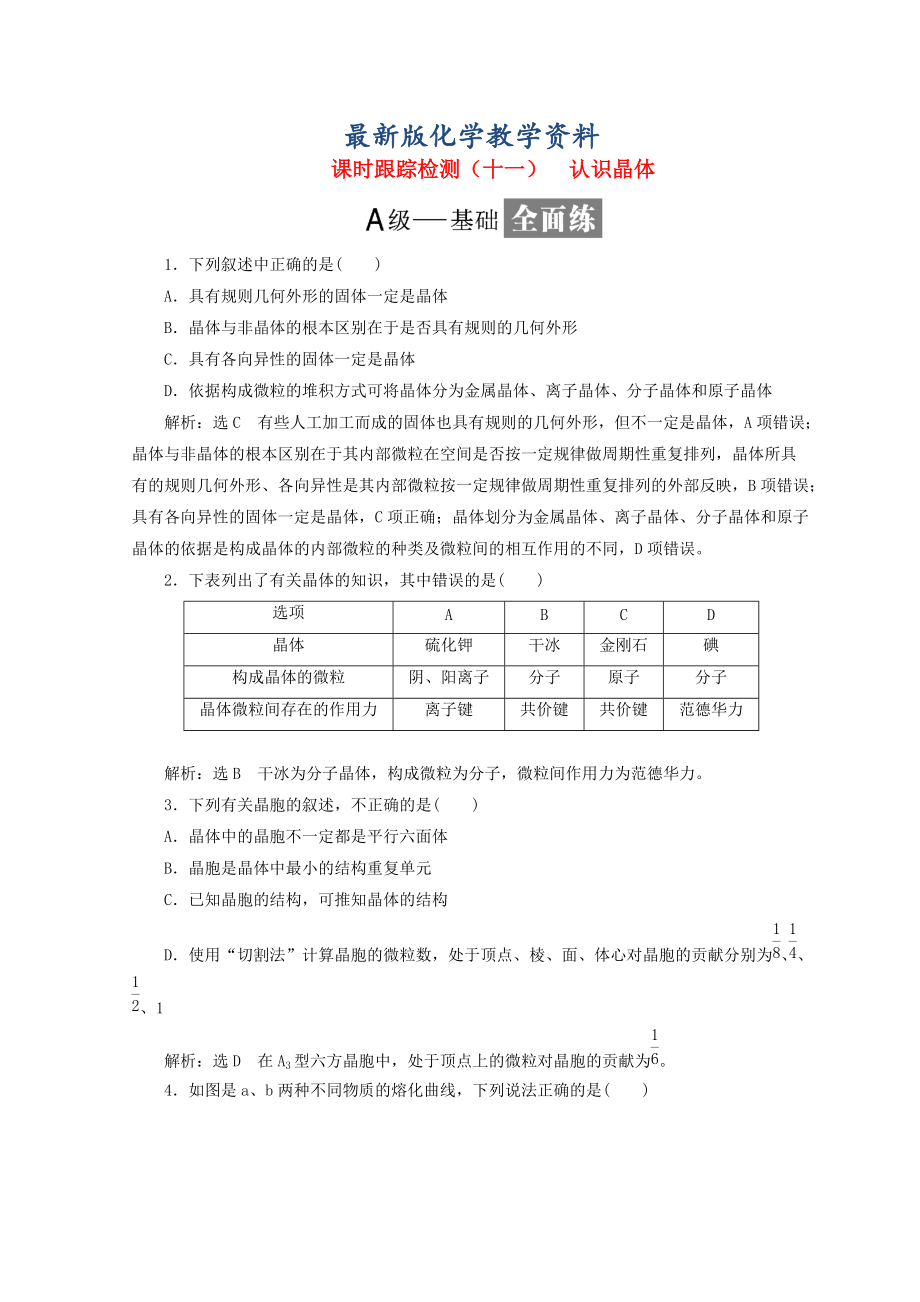 【最新版】高中化学课时跟踪检测十一认识晶体鲁科版选修3_第1页