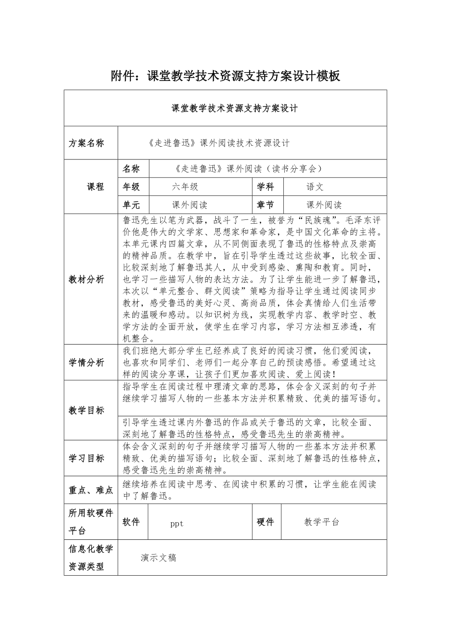 《走進(jìn)魯迅》課外閱讀課堂教學(xué)技術(shù)資源支持方案設(shè)計_第1頁