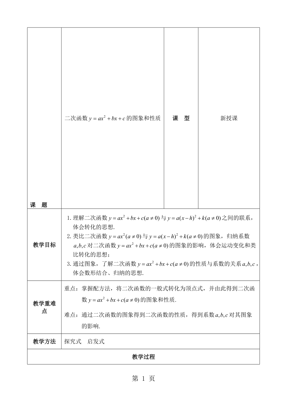 人教版數(shù)學(xué)九年級(jí)上冊(cè) 第二十二章 二次函數(shù) 22.1 二次函數(shù)的圖像和性質(zhì)二次函數(shù)y＝ax2＋bx＋c的圖像和性質(zhì) 研究課 教案_第1頁(yè)