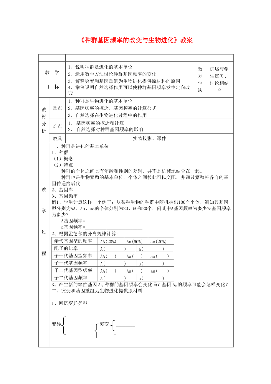 高中生物《種群基因頻率的改變與生物進(jìn)化》教案4新人教版必修2_第1頁