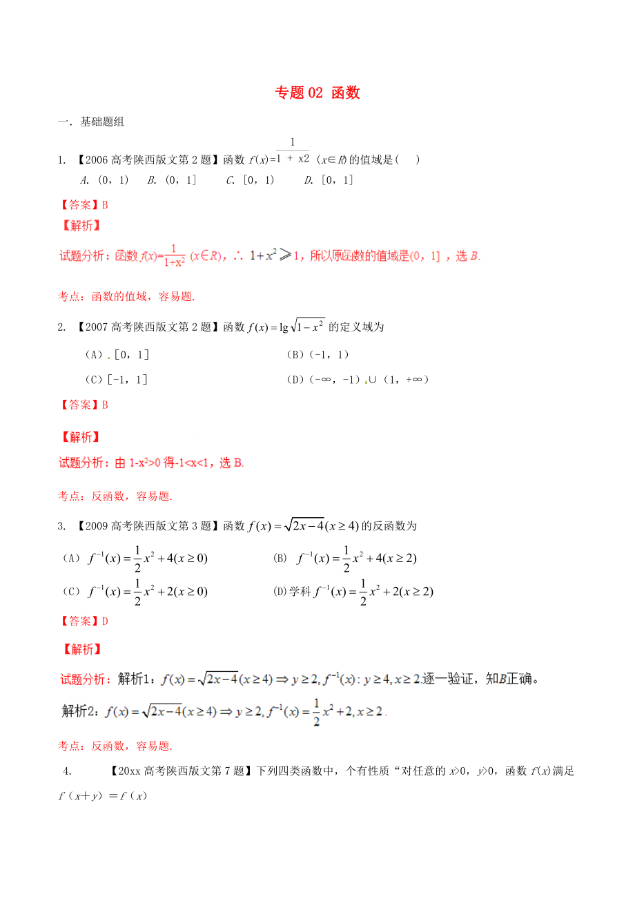 新編陜西版高考數(shù)學(xué)分項匯編 專題02 函數(shù)含解析文_第1頁