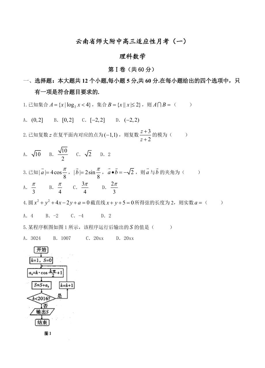 新版云南省师大附中高三适应性月考一数学理试题含答案_第1页