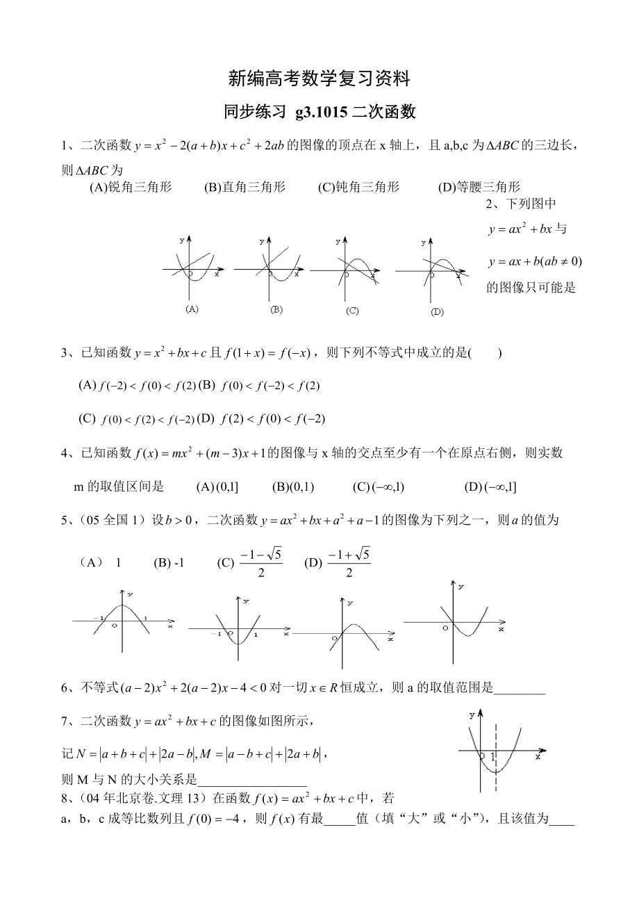 新編高考數(shù)學(xué)第一輪總復(fù)習(xí)100講 同步練習(xí)第15二次函數(shù)_第1頁