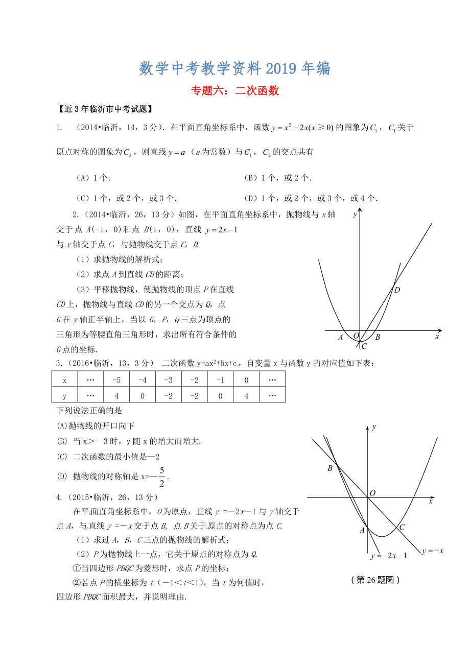 山東省臨沂市中考數(shù)學(xué)二輪專題復(fù)習(xí) 專題6 二次函數(shù)_第1頁