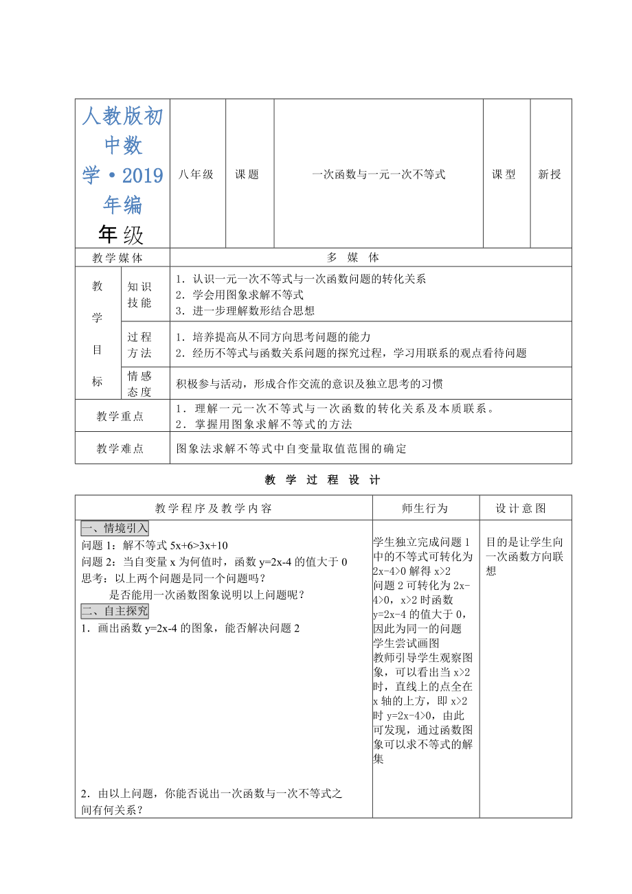 2020年人教版 小学8年级 数学上册 一次函数与一元一次不等式教案_第1页