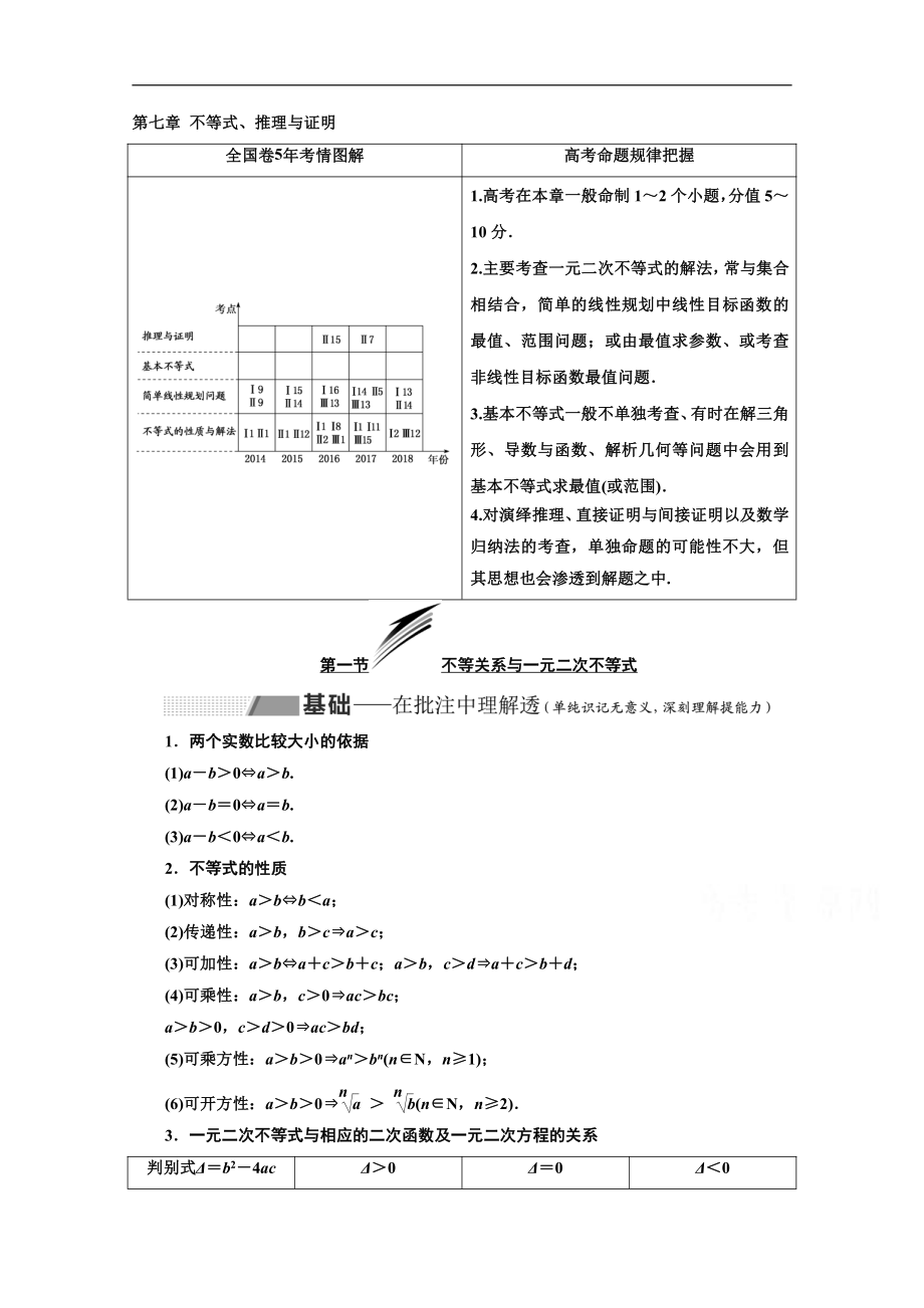 2020版高考理科數(shù)學(xué)人教版一輪復(fù)習(xí)講義：第七章 第一節(jié) 不等關(guān)系與一元二次不等式 Word版含答案_第1頁