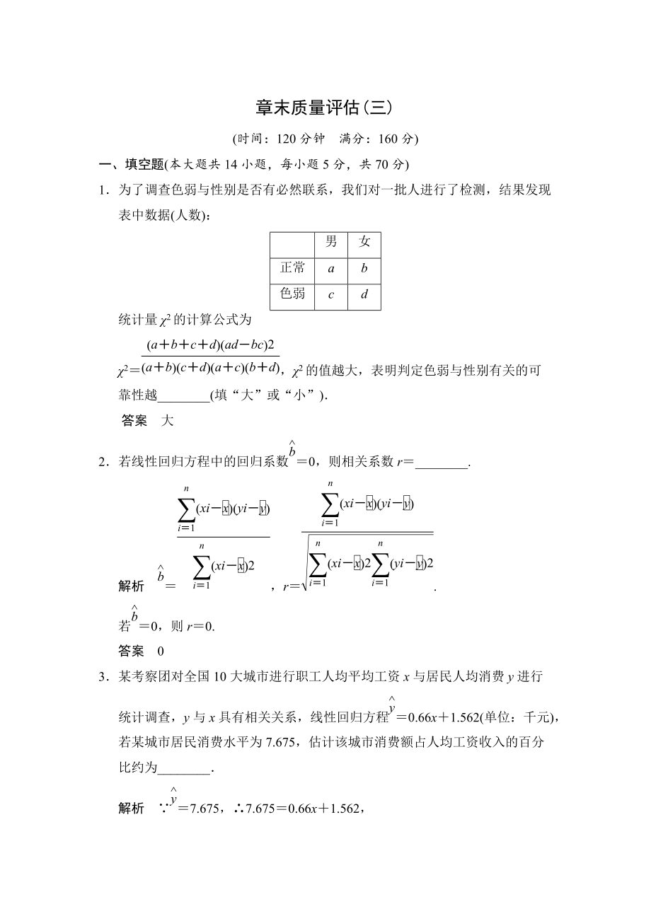 精修版蘇教版化學(xué)選修23第3章 統(tǒng)計(jì)案例 本章測試含答案_第1頁