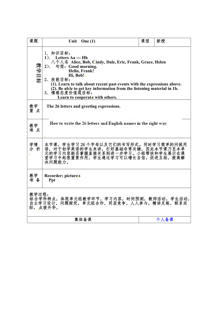 魯教版英語(yǔ)六年級(jí)上冊(cè)Unit 1Good morning 第一課時(shí)word教案_第1頁(yè)