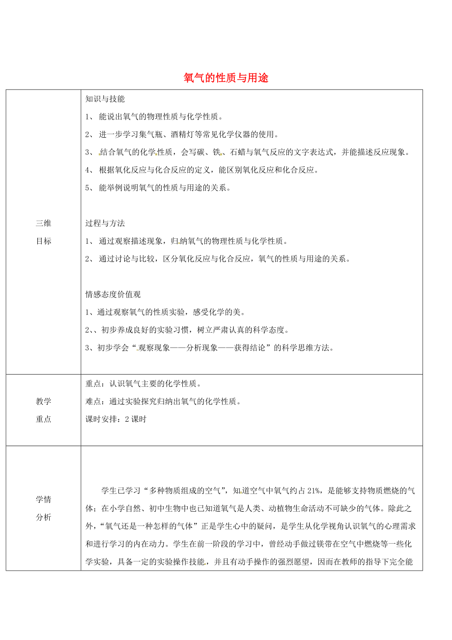 精修版九年级化学上册第3章维持生命之气氧气3.1氧气的性质和用途教案粤教版_第1页