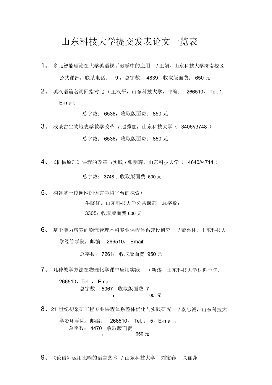 山东科技大学提交发表论文一览表_第1页