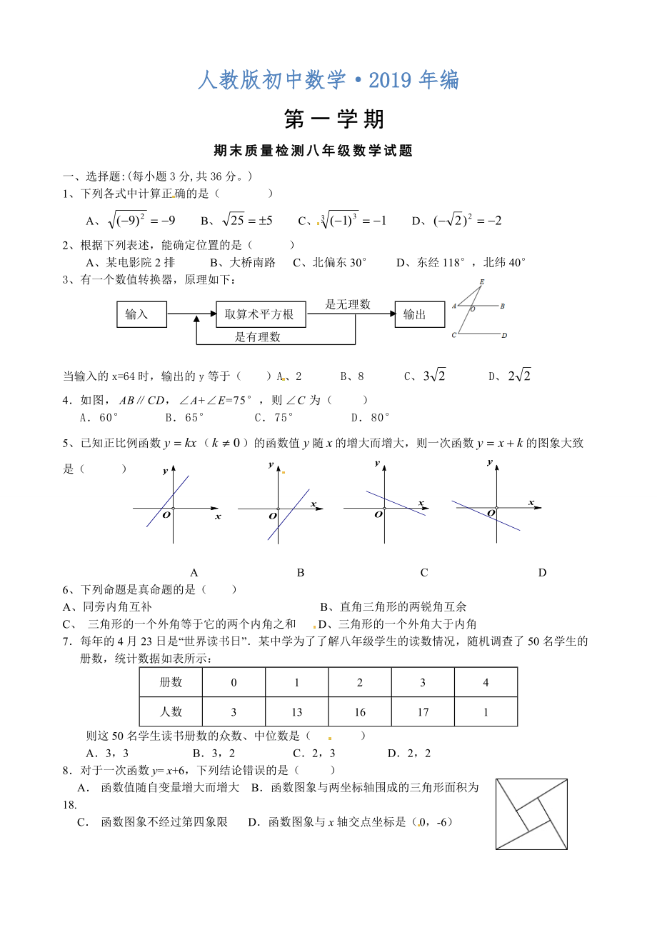 2020年人教版 小學(xué)8年級(jí) 數(shù)學(xué)上冊(cè) 期末質(zhì)量檢測(cè)試題_第1頁(yè)