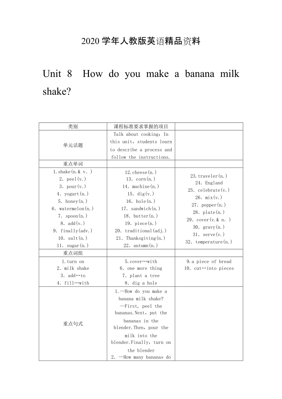 2020人教版八年級英語上冊Unit 8 How do you make a banana milk shake教案_第1頁