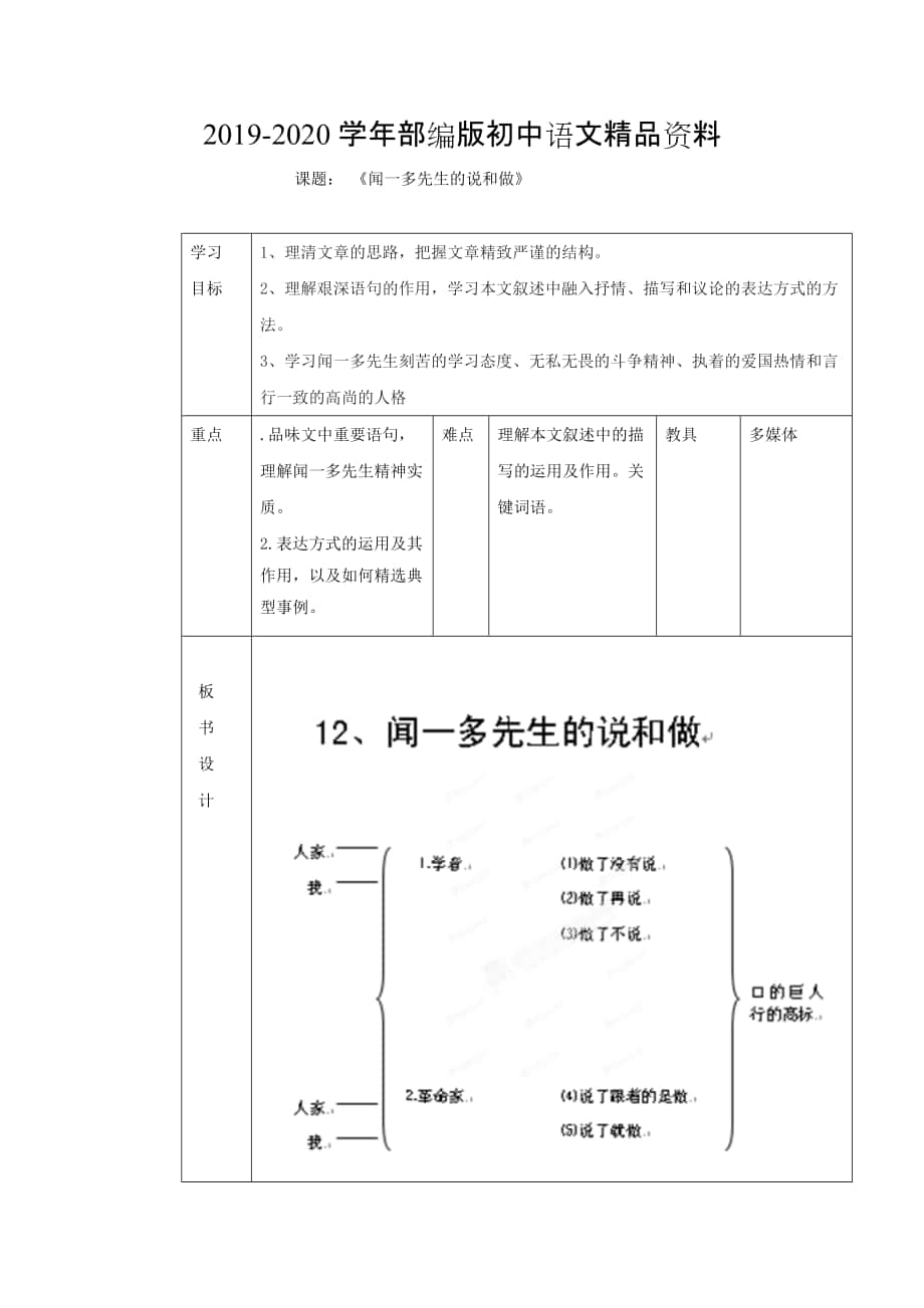 2020山東省臨沂市蒙陰縣第四中學(xué)七年級語文人教版下冊教案：第12課聞一多先生的說和做1_第1頁